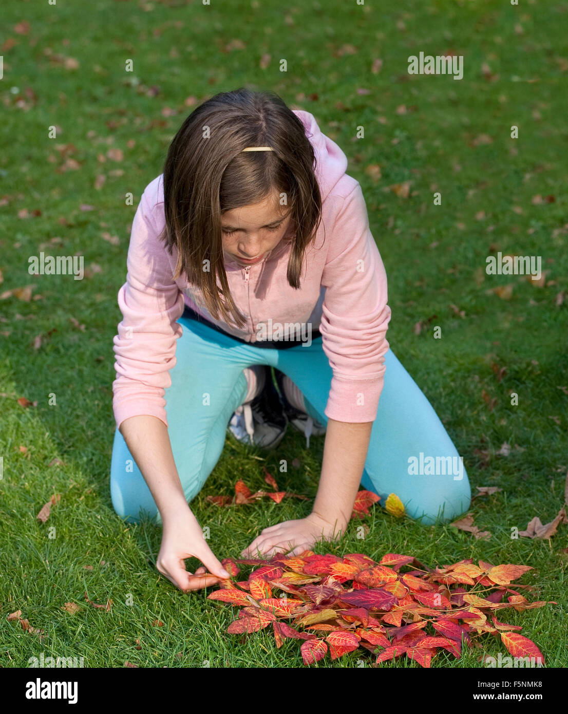 Il gioco è stato giocato con foglie di autunno. La giovane ragazza sta cercando di fare un server Sun con foglie sull'erba verde. Foto Stock