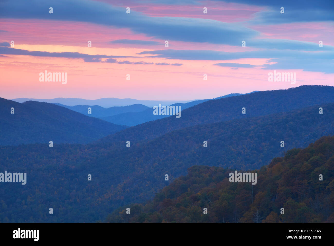 Grandioso e colori d'autunno vista delle montagne di Shenandoah da pinnacoli che si affacciano sulla Skyline Drive Foto Stock