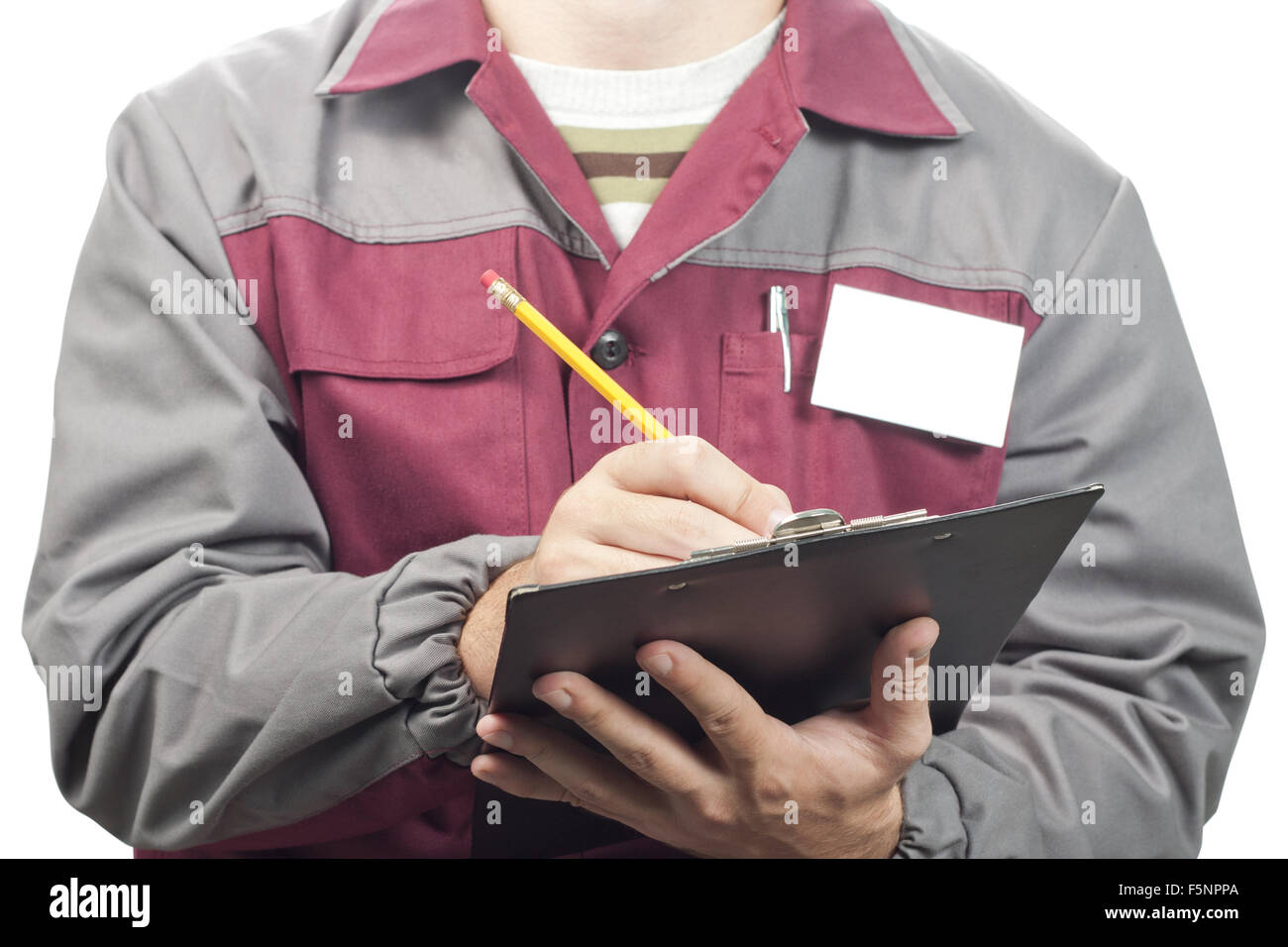 Uomo di servizio con appunti isolato su bianco Foto Stock