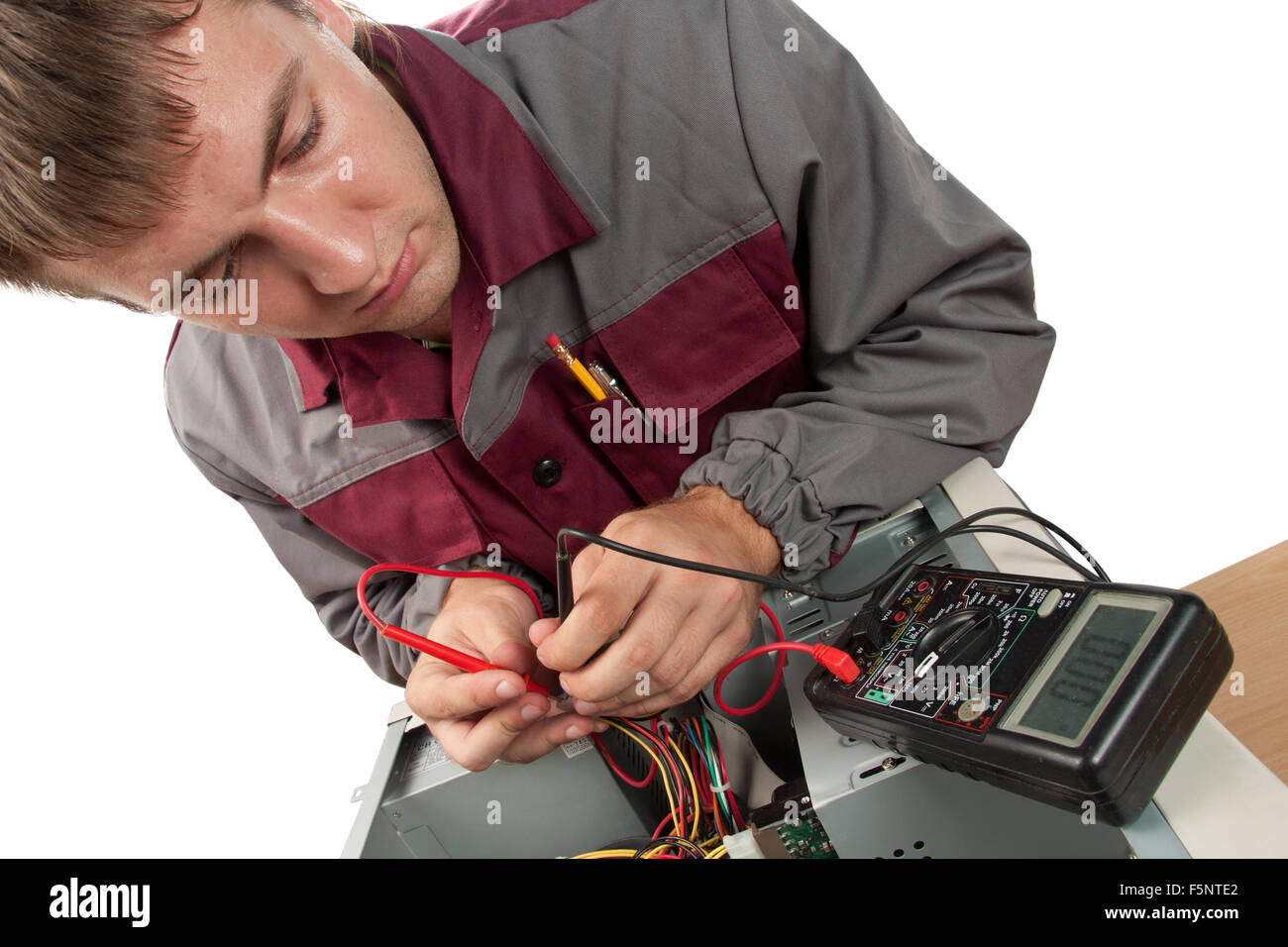 Computer Support Engineer. Isolato su bianco Foto Stock