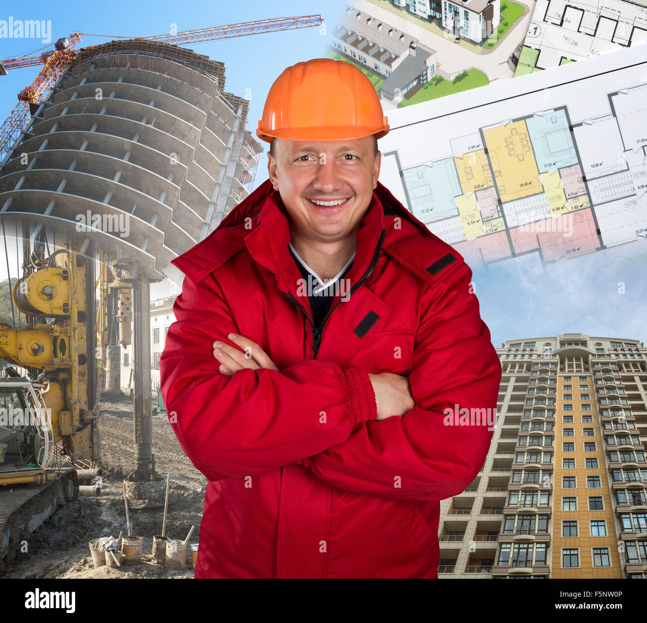 Felice lavoratore contro il sito in costruzione, costruzione e progetto Foto Stock