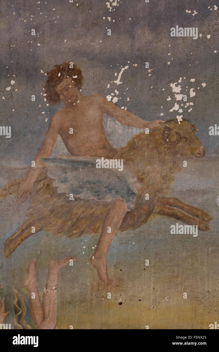 Wallpainting titolo: Phrixus & Helle, 1931. Equitazione Phrixus flying ram inviato da Hermes durante la loro fuga da Voiotia Foto Stock