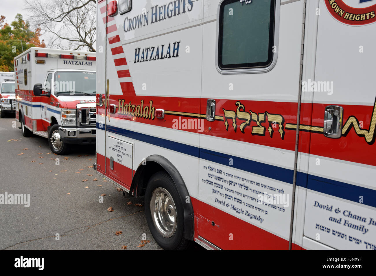 Crown Heights Hatzalah ambulanze schierate in Eastern Parkway a Brooklyn, New York Foto Stock
