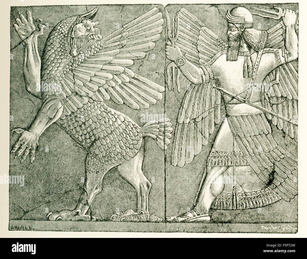 Questa antica Chiesa Assira rilievo mostra il dio Bel-Merodach (anche ortografato Marduk), armati con thunderbolt, facendo la battaglia con il tumultuoso Tiamat (figura sulla sinistra). Marduk fu tutto potente, un guaritore e mediatore per gli esseri umani. Marduk fu chiamato a salvare l'umanità dal male. Tiamat era il simbolo del caos. La lotta tra Marduk e Tiamat era un tema preferito per gli antichi artisti assira. È stato disegnato da Faucher-Gudin per accompagnare il testo in un libro sull antico Egitto e il levante da Gaston Maspero. L'effettivo bassorilievo è da Nimrud e viene conservata nel British Museum. Foto Stock