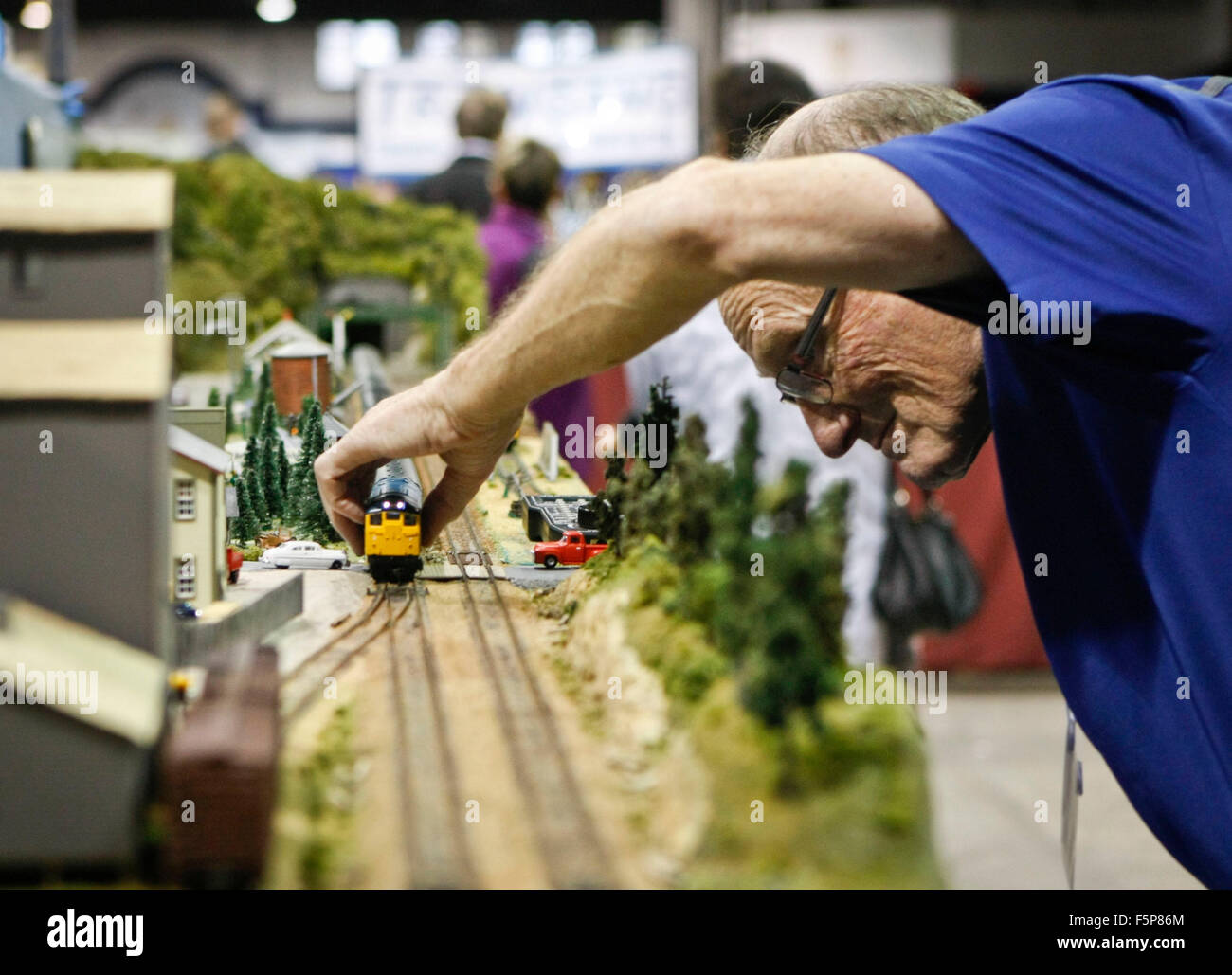 Vancouver, Canada. 7 Nov, 2015. Un treno in miniatura enthusiast gioca con le sue creazioni durante la trentatreesima Vancouver Expo Ferroviaria a Vancouver in Canada, su nov. 7, 2015. La trentatreesima Vancouver Expo Ferroviaria è British Columbia il più grande modello di treno mostrano, con 300 treni in miniatura e gli appassionati di ferroviaria di mostrare le loro creazioni e attira più di 5 mila spettatori a partecipare alla manifestazione. Credito: Liang Sen/Xinhua/Alamy Live News Foto Stock