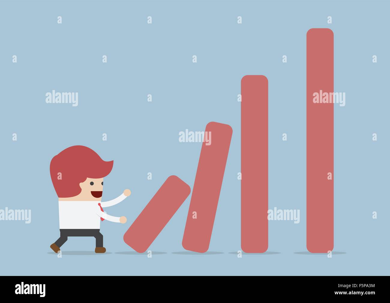 Imprenditore spingendo il grafico a barra, effetto domino di concetto, vettore EPS10 Illustrazione Vettoriale