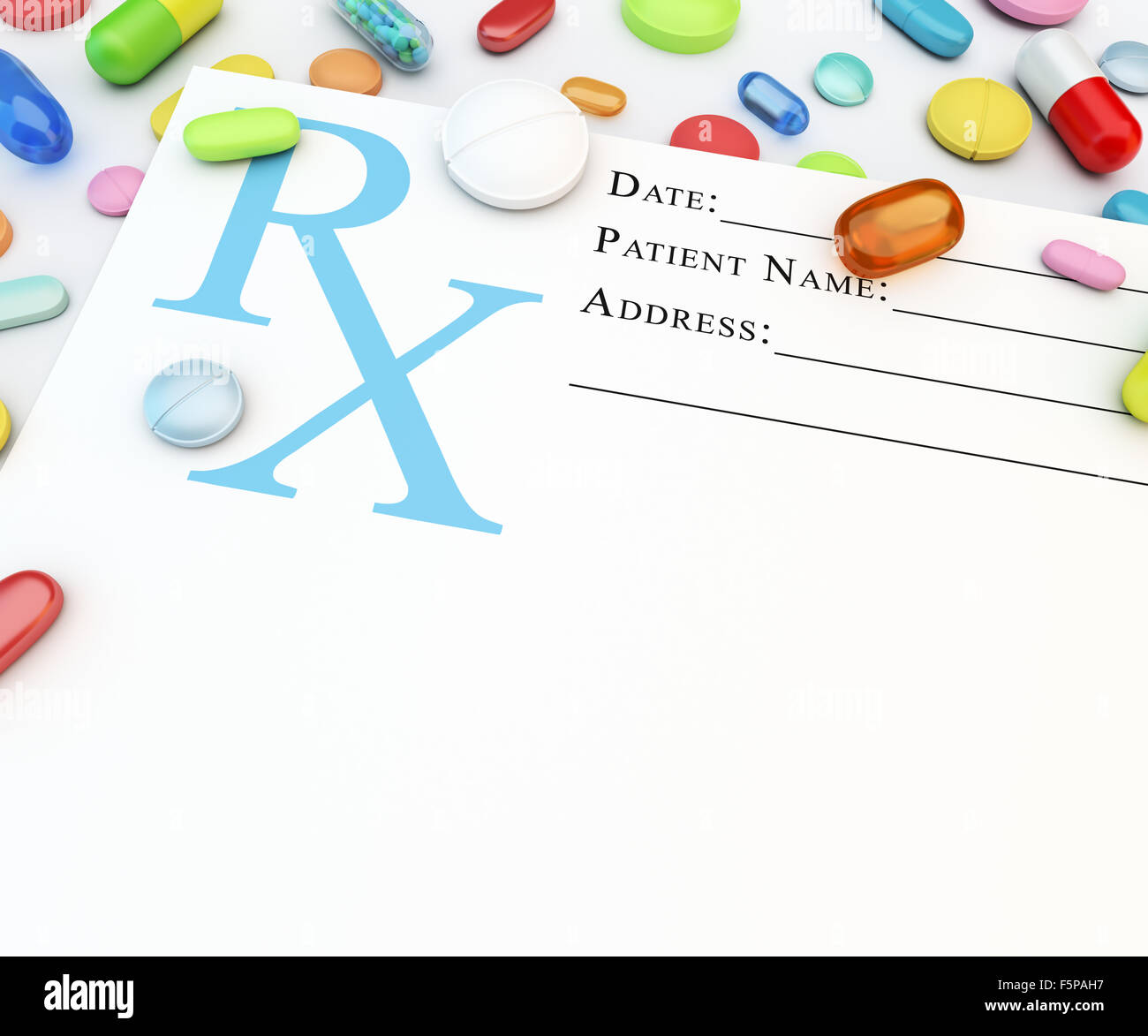 Varietà di colorati la prescrizione di farmaci sulla pagina vuota Foto Stock