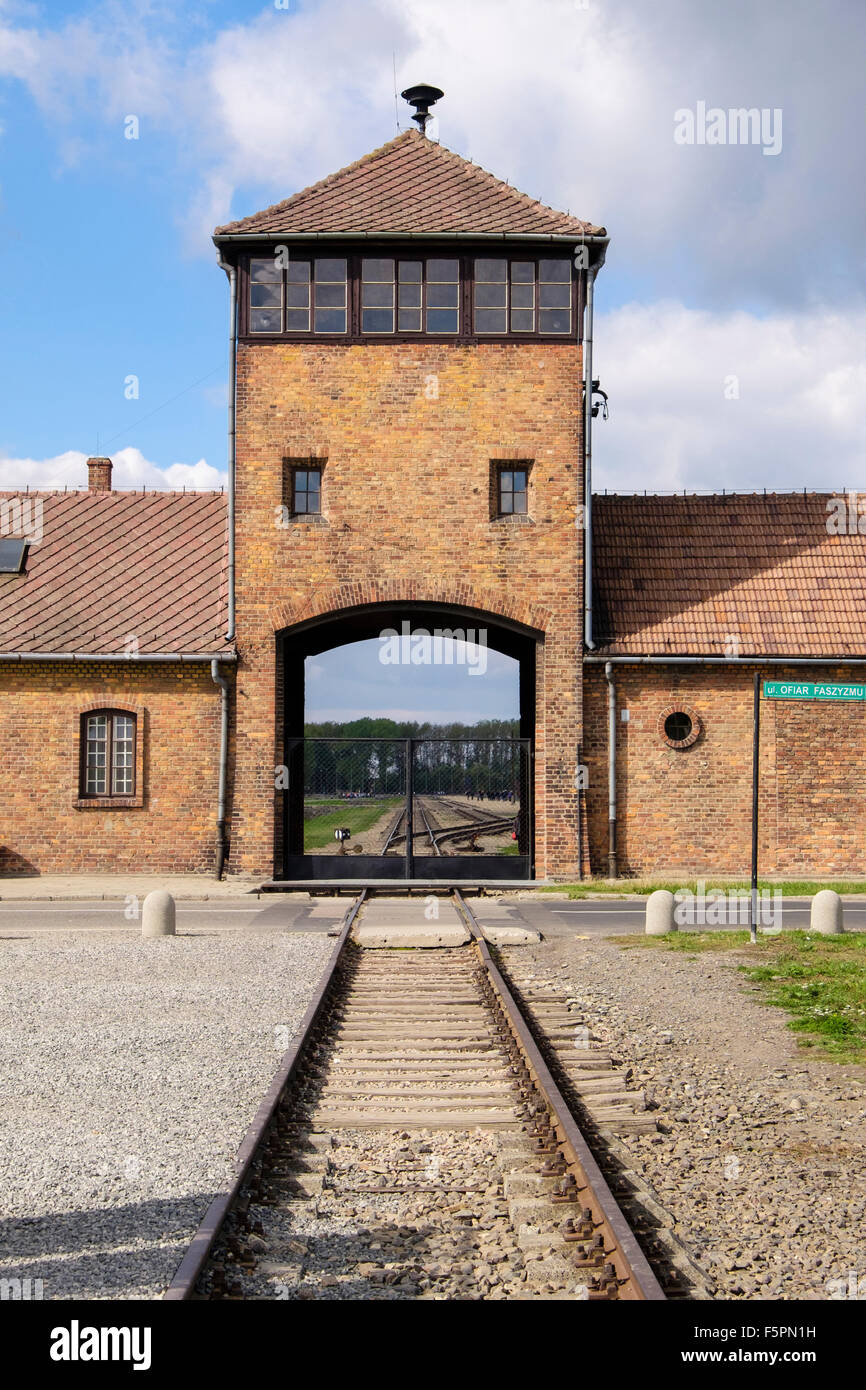 Binari del treno al di fuori porta principale di accesso ad Auschwitz II-Birkenau nazista tedesco di concentrazione e di sterminio morte Camp. Oswiecim Polonia Europa Foto Stock