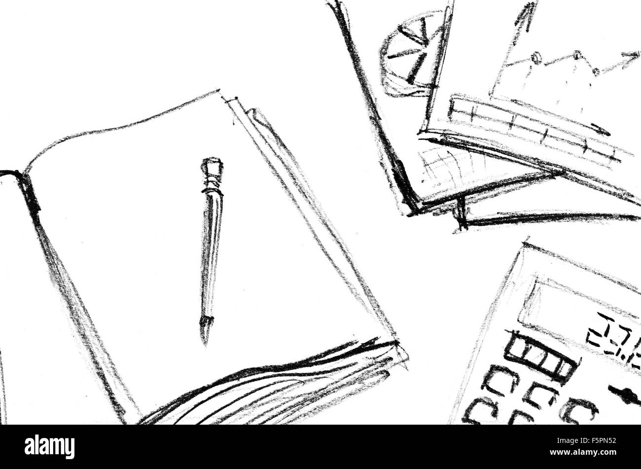 Schizzo a matita dell'area di lavoro aziendale. Isolato su bianco Foto Stock