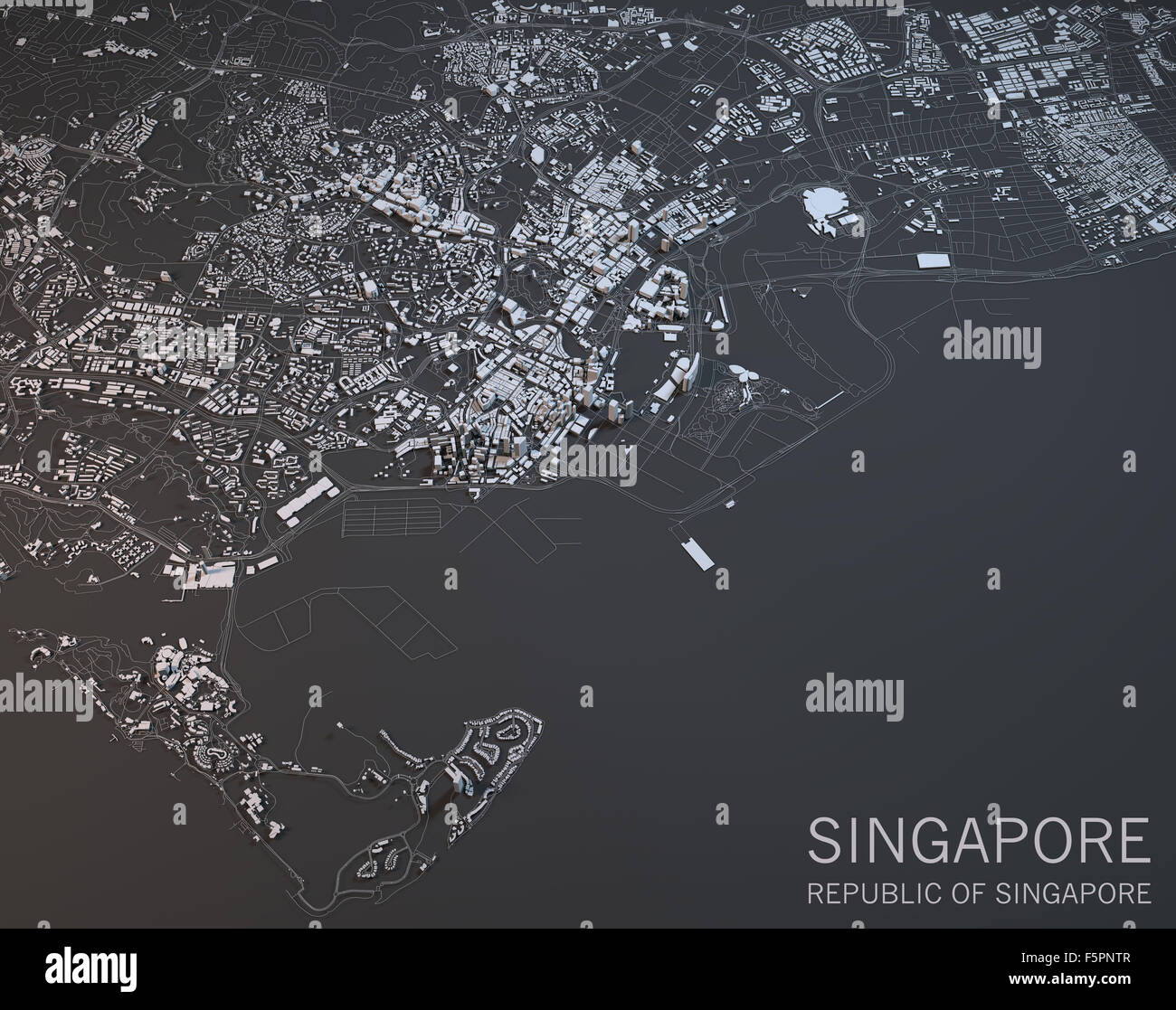 Bianco e nero Mappa di Singapore, la Repubblica di Singapore, vista satellitare Foto Stock