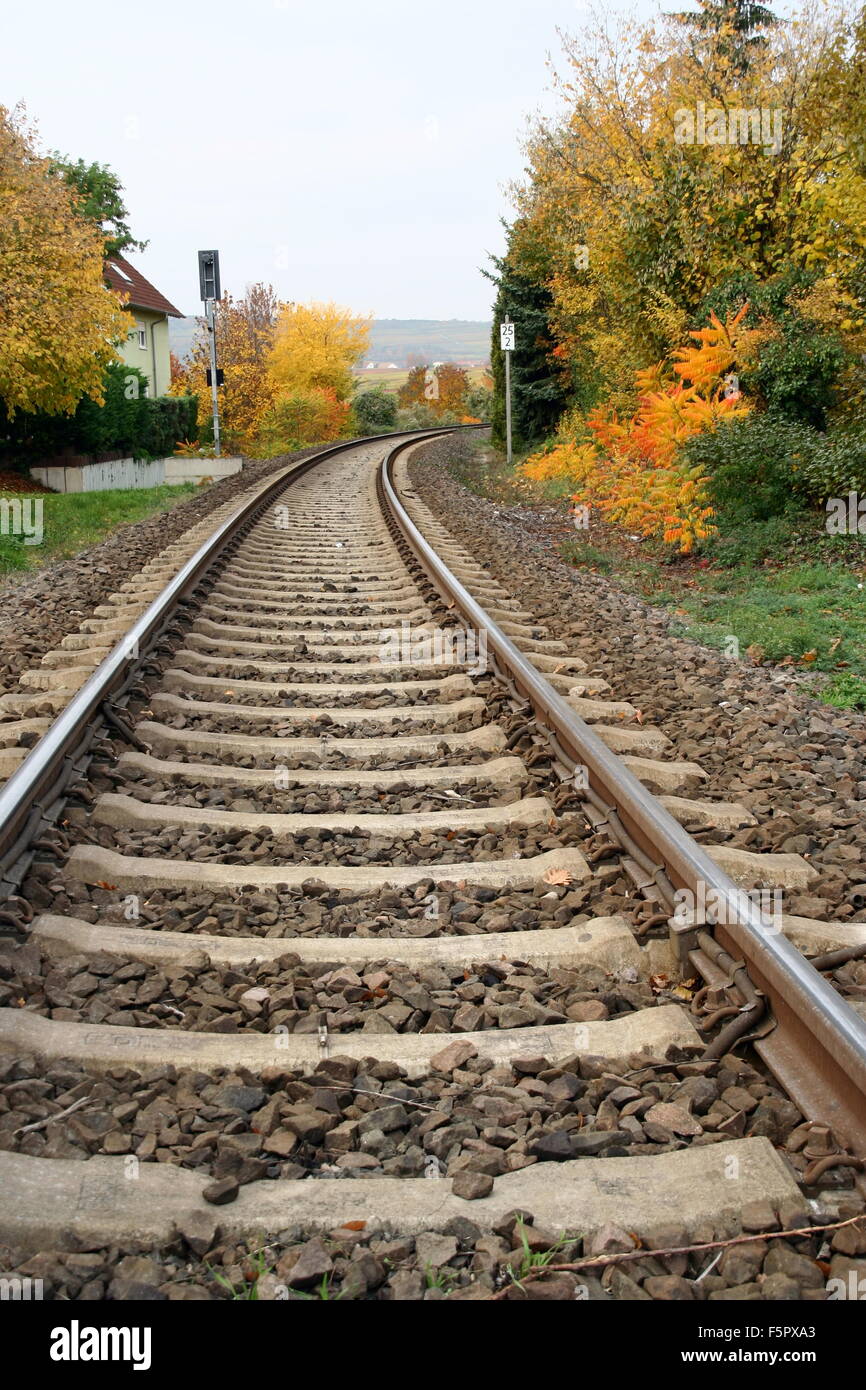 Binari del treno con la caduta delle foglie, Germania. Foto Stock