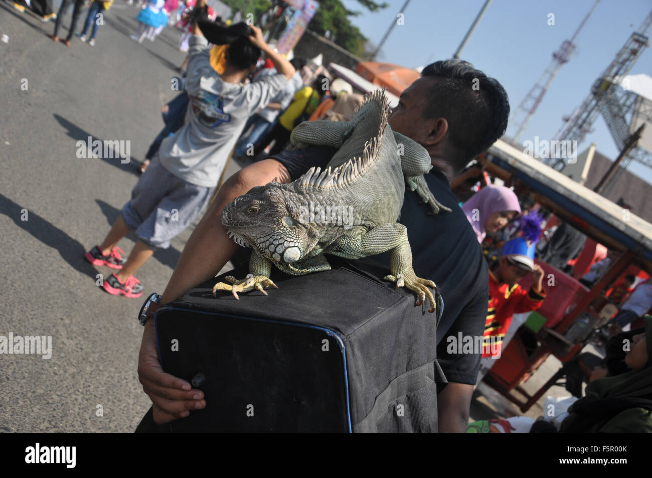 Makassar, Indonesia. 08 Nov, 2015. Un iguana posatoi su un uomo torna a Makassar e cultura carnevale. Il carnevale che si svolge per celebrare il 408° anniversario della città di Makassar. Credito: Yermia Riezky Santiago/Alamy Live News Foto Stock