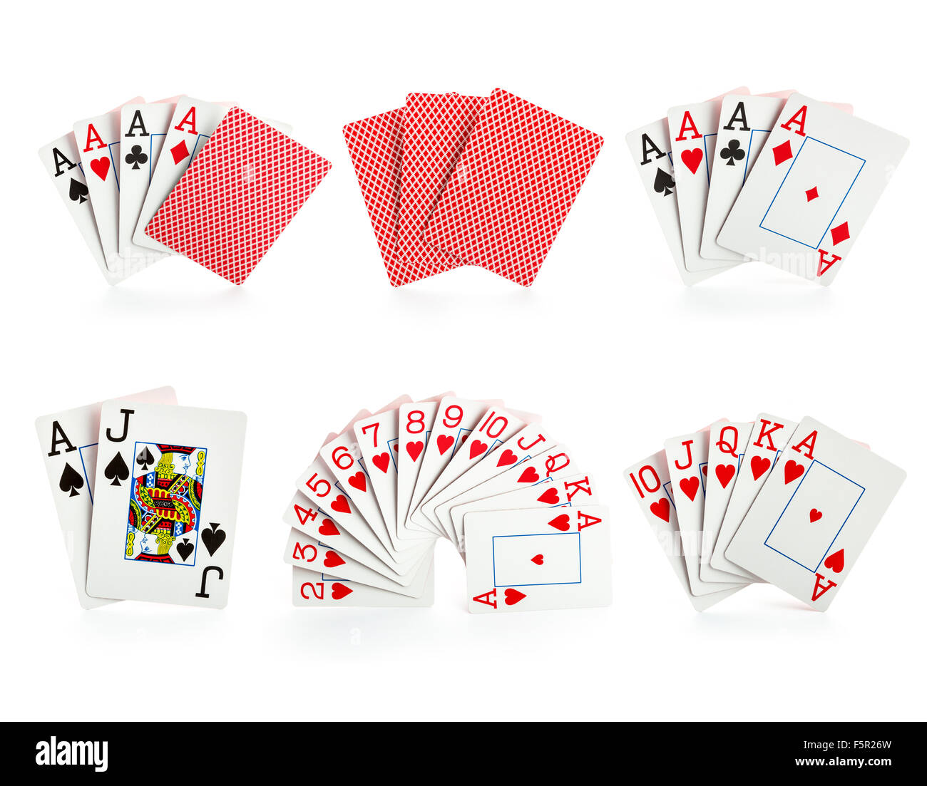 Combinazioni di carte da gioco su sfondo bianco Foto Stock