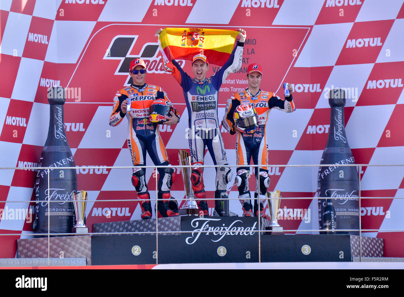 I vincitori della gara di MotoGP a Valencia Foto Stock