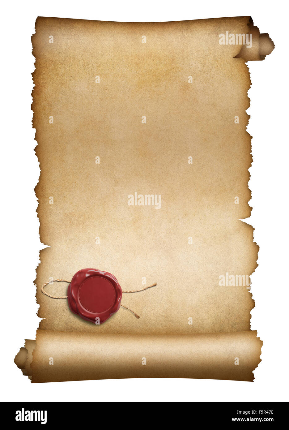 Vecchia pergamena o manoscritto con sigillo di cera rossa isolato Foto Stock