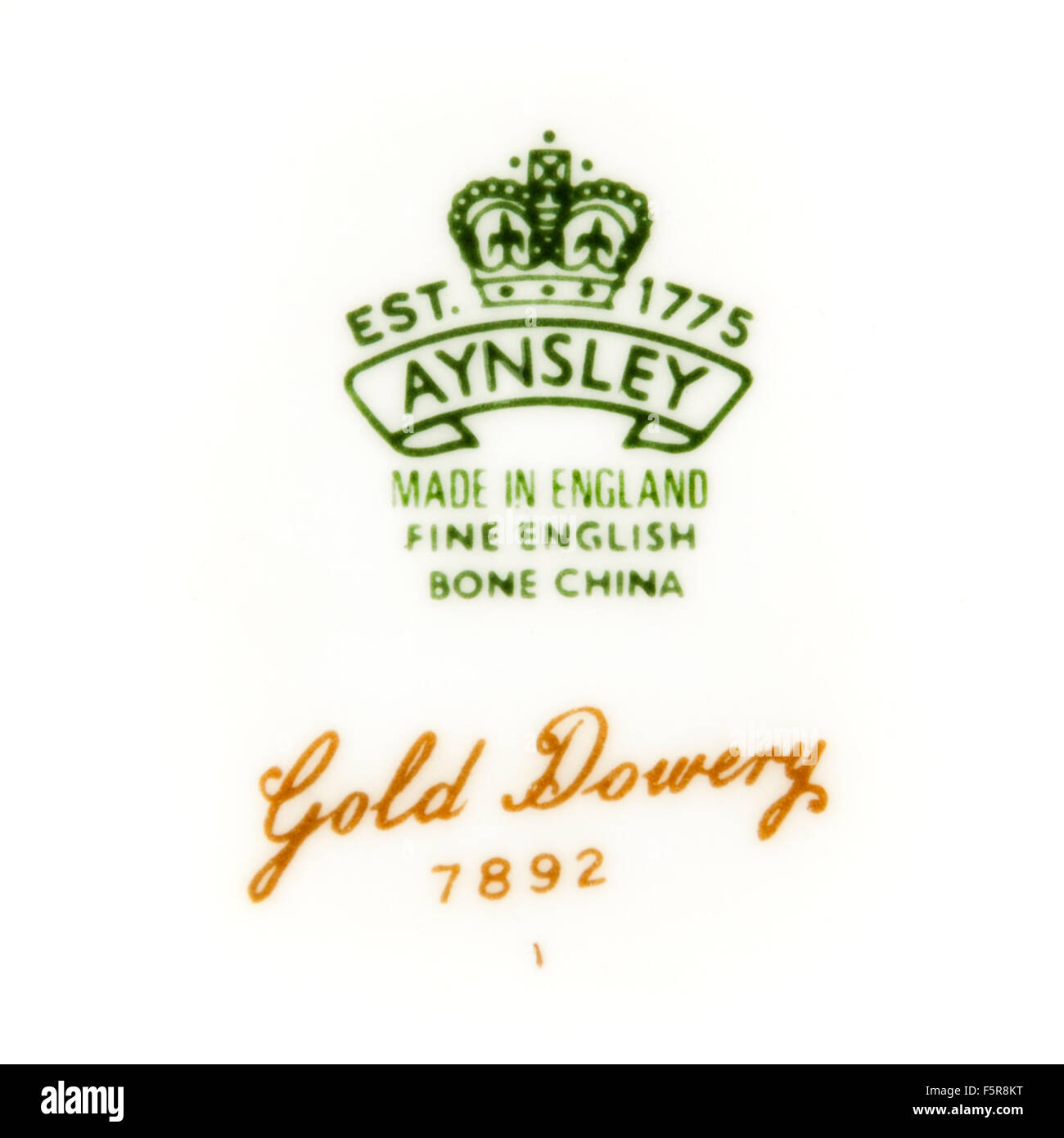 Backstamp di vintage 'Gold Dowery' cena la piastra di ceramica Aynsley, Longton, Inghilterra Foto Stock