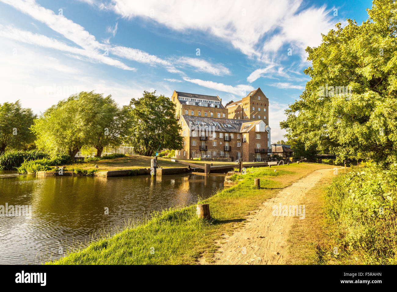 Mulino Coxes Lock e sul fiume Wey Navigazione, Addlestone, Surrey, England, Regno Unito Foto Stock