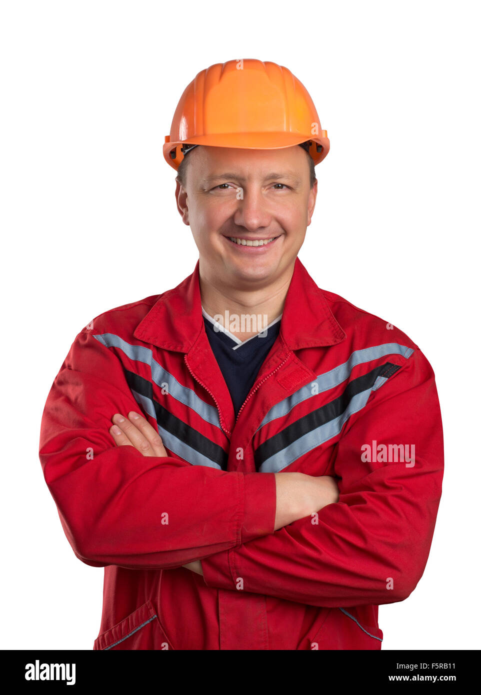 Happy builder con due mani incrociate isolato su bianco Foto Stock