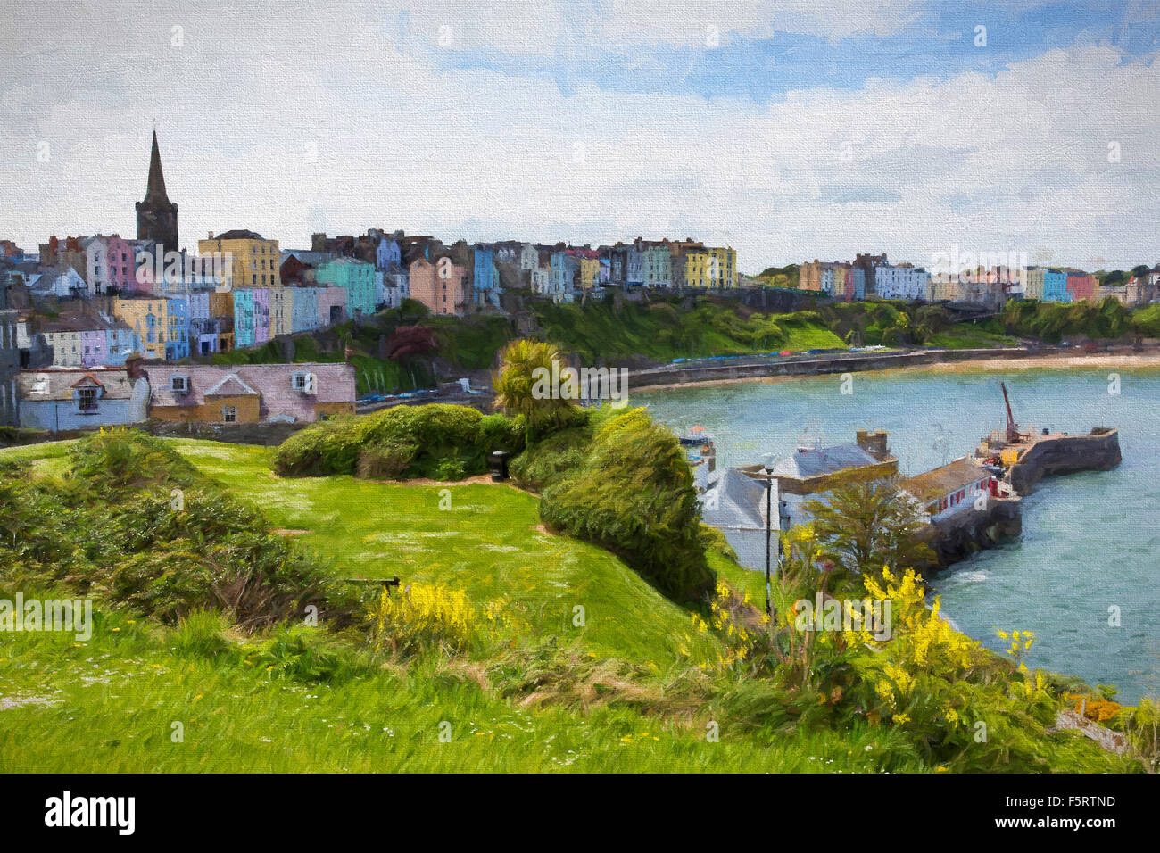 Tenby Galles del Sud con porto e color pastello cottage in Pembrokeshire county illustrazione come la pittura ad olio Foto Stock