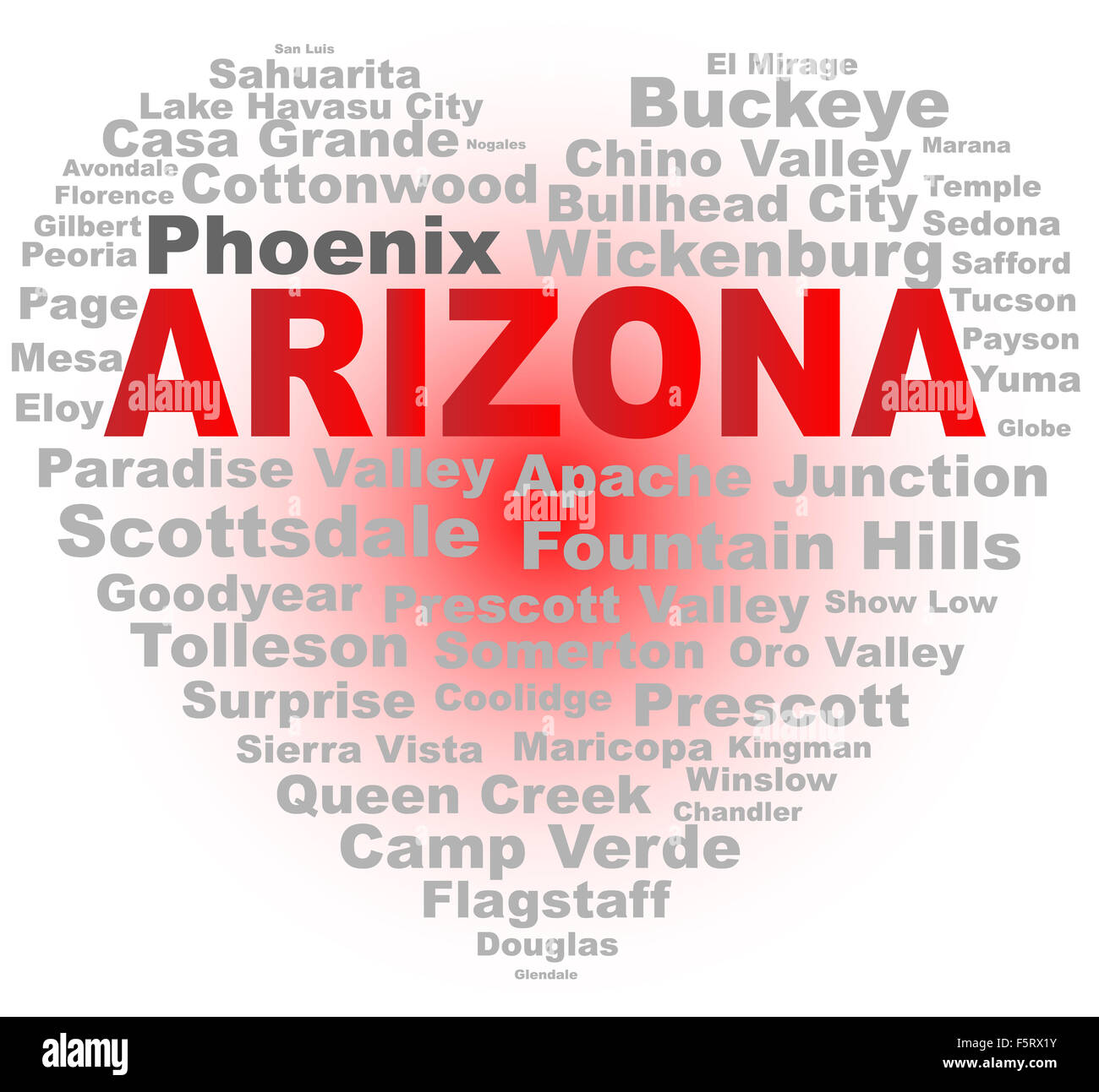 Un cartone animato in forma di cuore con il testo in Arizona e i nomi delle principali città su uno sfondo bianco Foto Stock