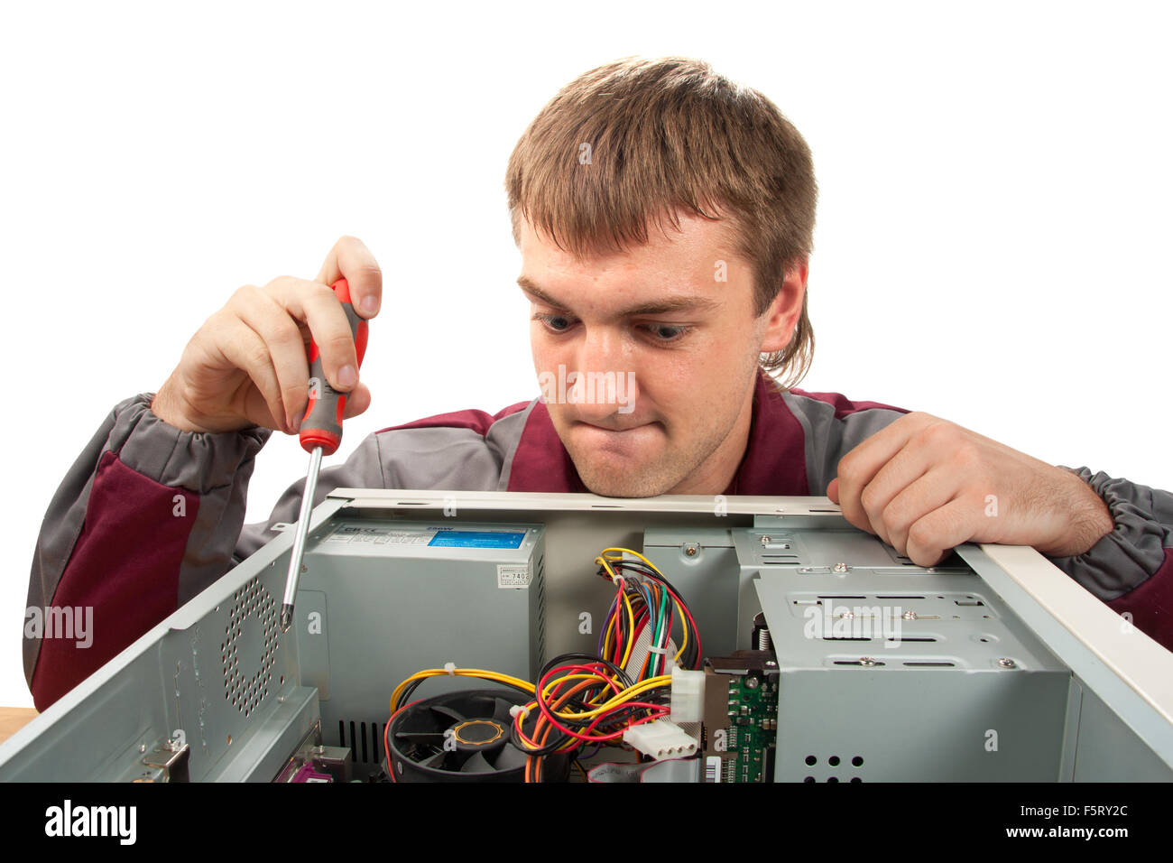 Computer Support Engineer. Isolato su bianco Foto Stock