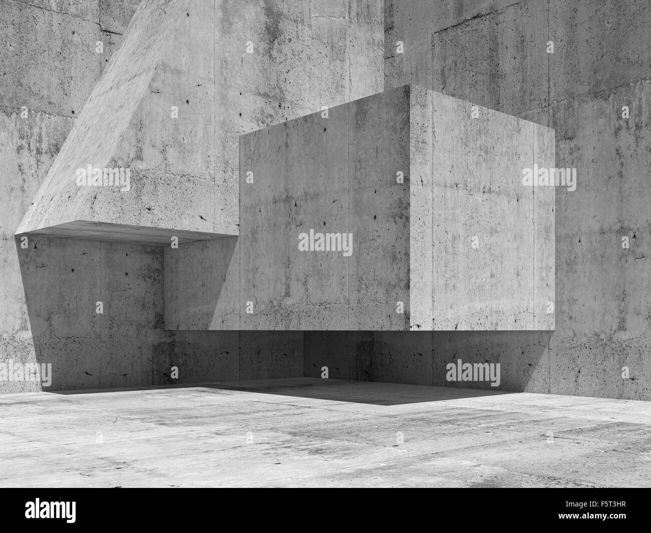 Abstract di calcestruzzo frammento interno con forme geometriche semplici in un angolo, 3d lo sfondo dell'illustrazione Foto Stock