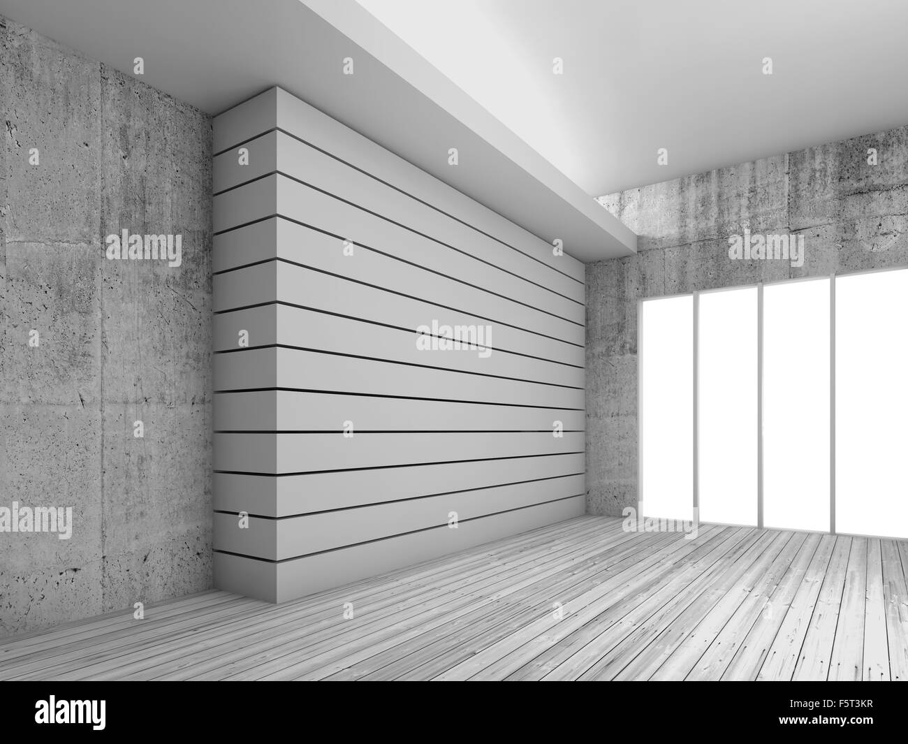 Vuoto interno bianco sfondo con pavimento in legno e pareti in calcestruzzo e travi decorativi, 3D Rendering immagine Foto Stock