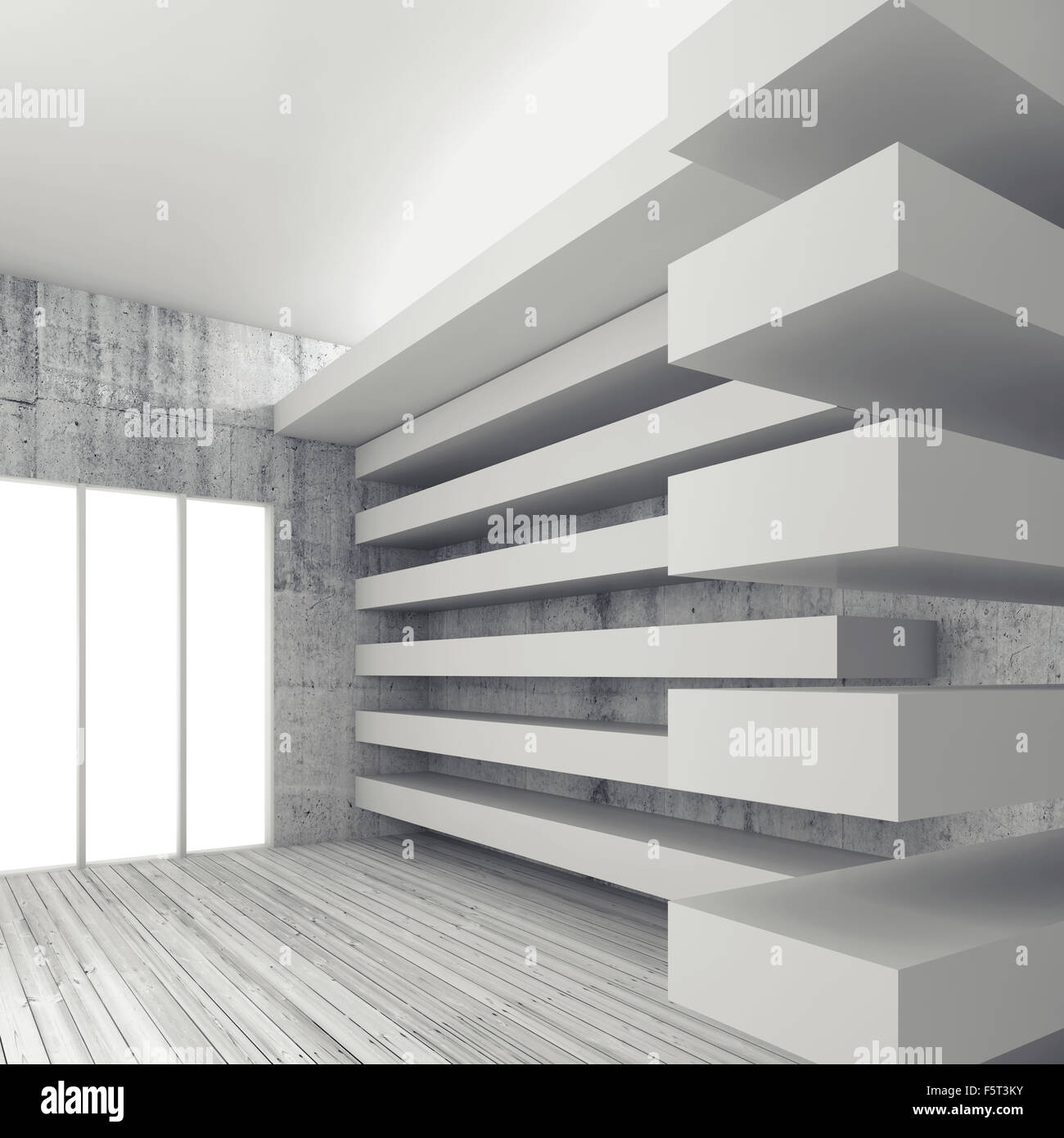 Vuoto interno bianco sfondo con pavimento in legno e pareti in calcestruzzo e travi decorativi, 3D Rendering immagine Foto Stock