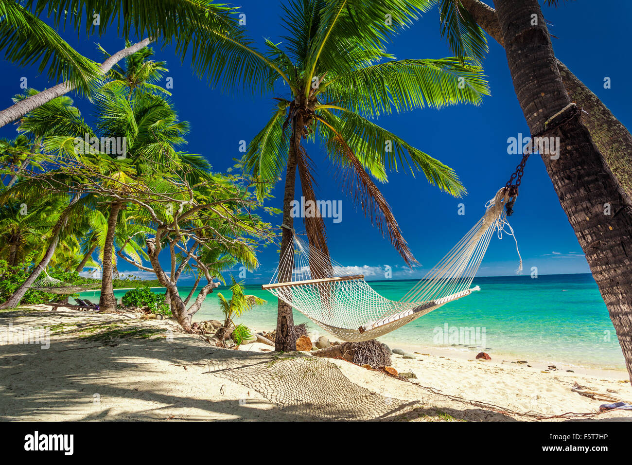Svuotare amaca all'ombra di alberi di palma tropicali sulle isole Fiji Foto Stock