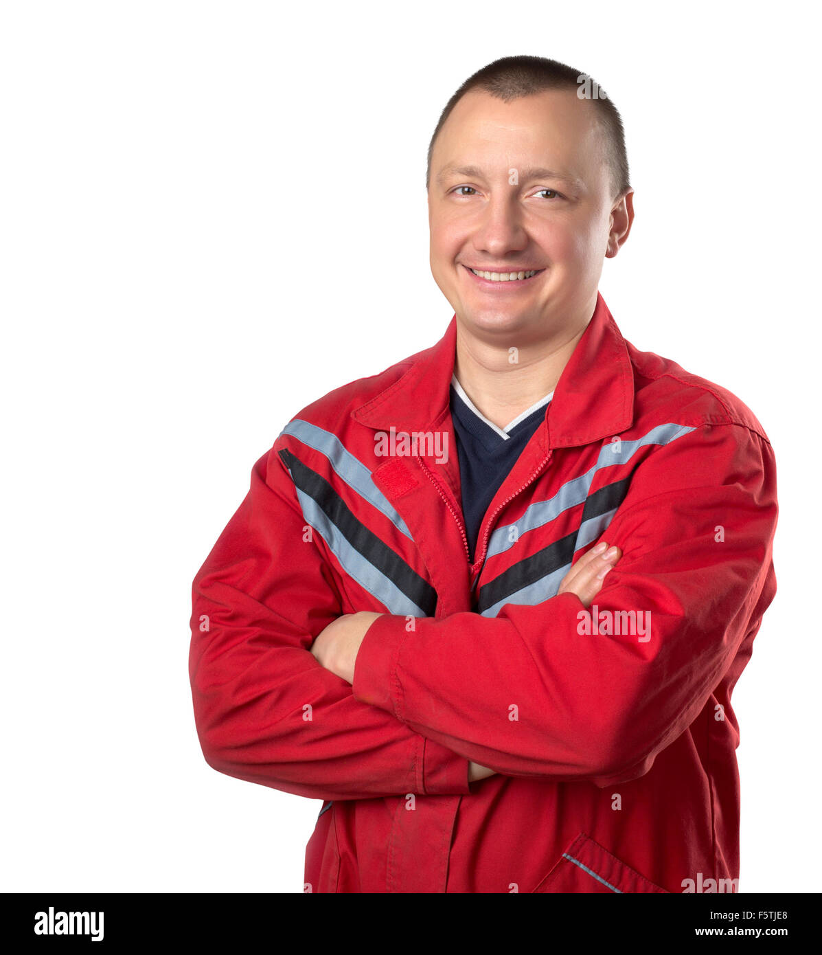 Felice il tecnico con due mani incrociate isolato su bianco Foto Stock