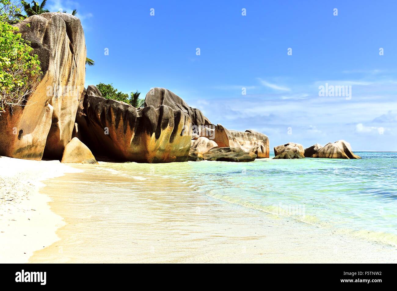 Spiaggia Source d' Argent, isola di La Digue, Seicelle Foto Stock