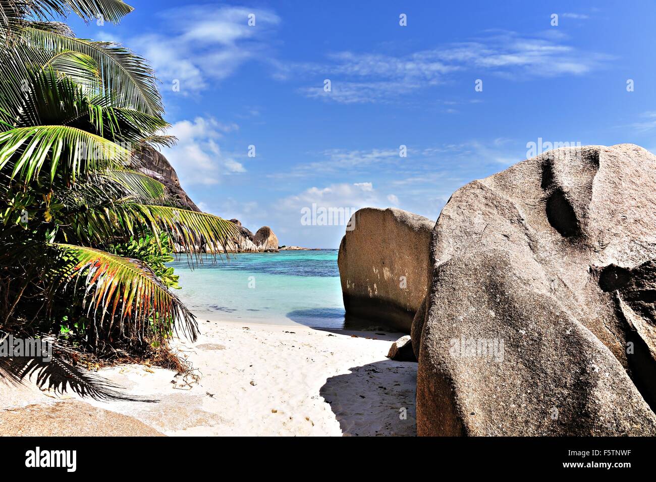 Spiaggia Source d' Argent, isola di La Digue, Seicelle Foto Stock