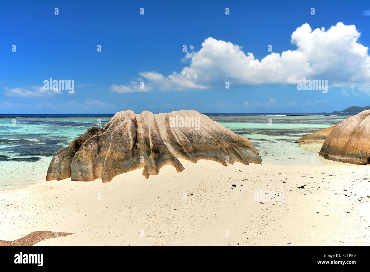 Spiaggia Source d' Argent, isola di La Digue, Seicelle Foto Stock