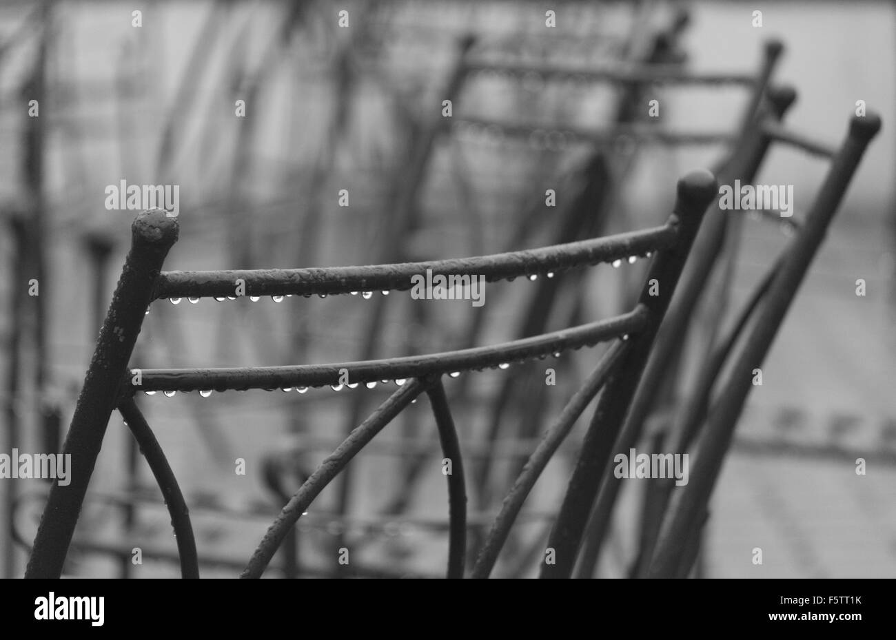 Gocciolante sedie in metallo al di fuori di una pioggia inzuppato cafe anteriore. Foto Stock