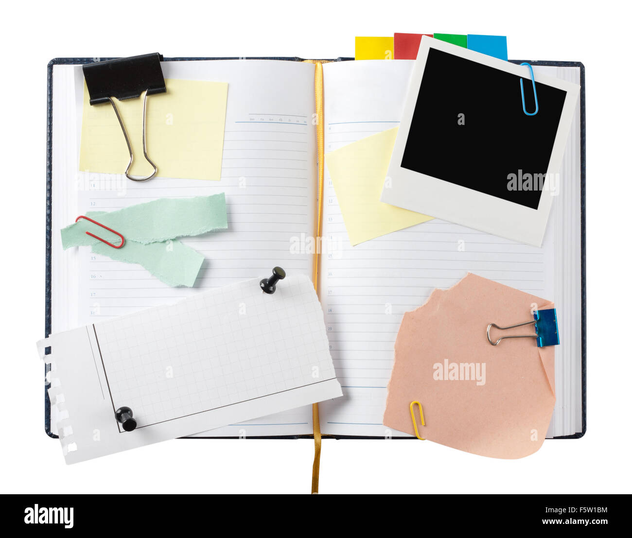 Apri diario di business con carta ritagliata. Isolato su bianco Foto Stock
