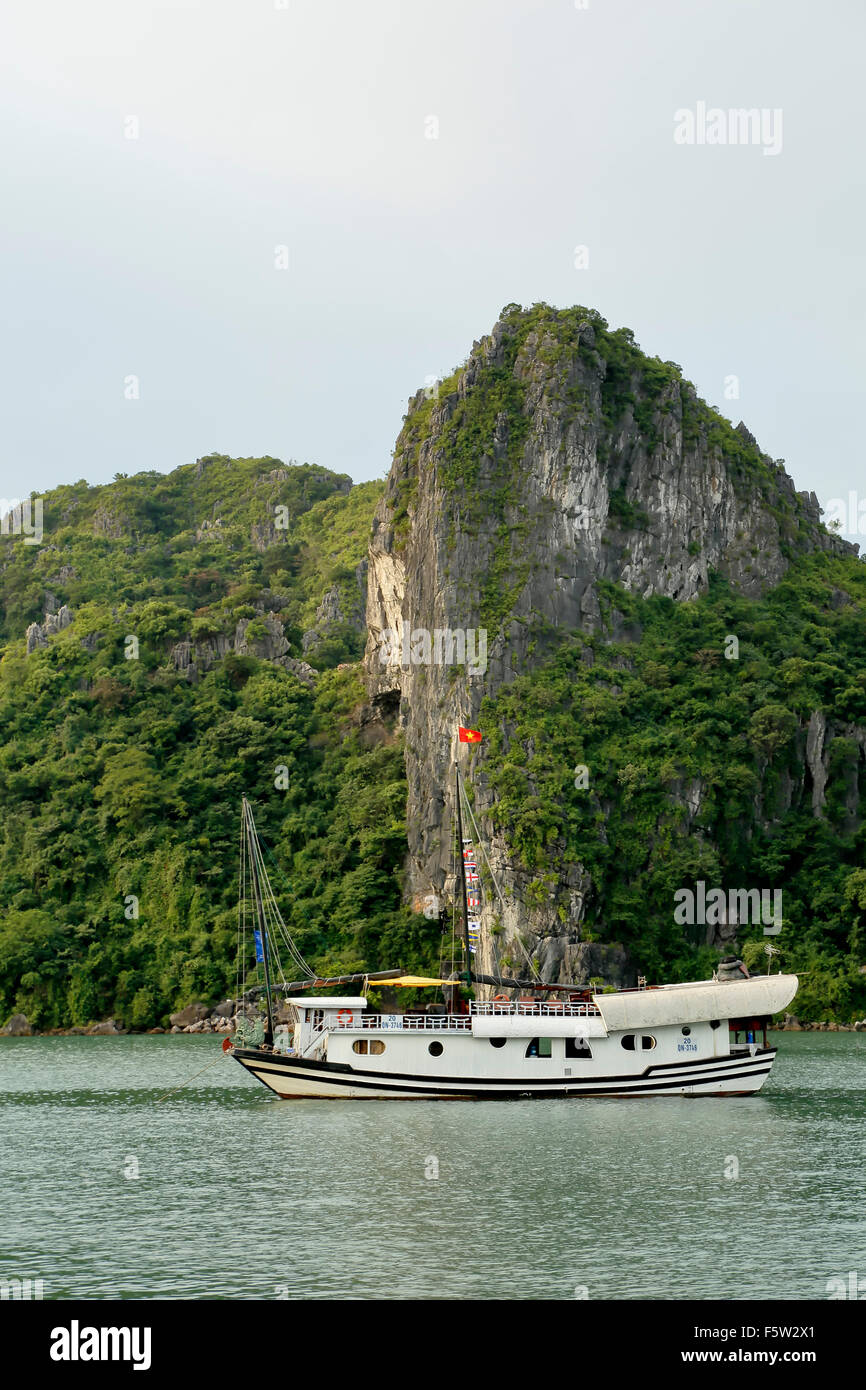 Giunche Cinesi al di ancoraggio e calcare (Carso tumuli, la baia di Ha Long, Bai Tu Long Settore, vicino a Ha Long, Vietnam Foto Stock
