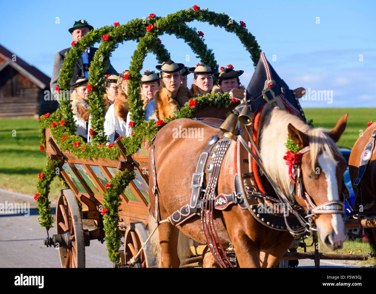 Ogni anno un cattolico Leonhardi-processione si svolge nella città di Murnau, Baviera, Germania, con molti cavalli decorato un carrelli Foto Stock