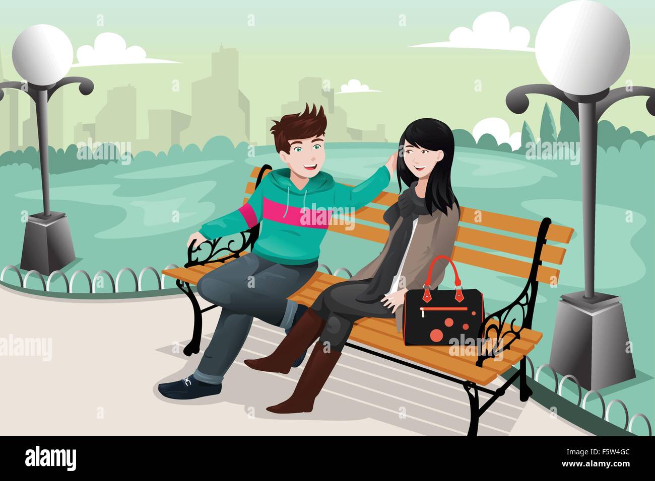 Una illustrazione vettoriale di coppia romantica seduta nel parco Illustrazione Vettoriale