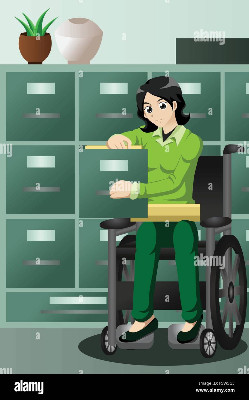 Una illustrazione vettoriale di imprenditrice in sedia a rotelle in office file di riempimento nell'armadio Illustrazione Vettoriale