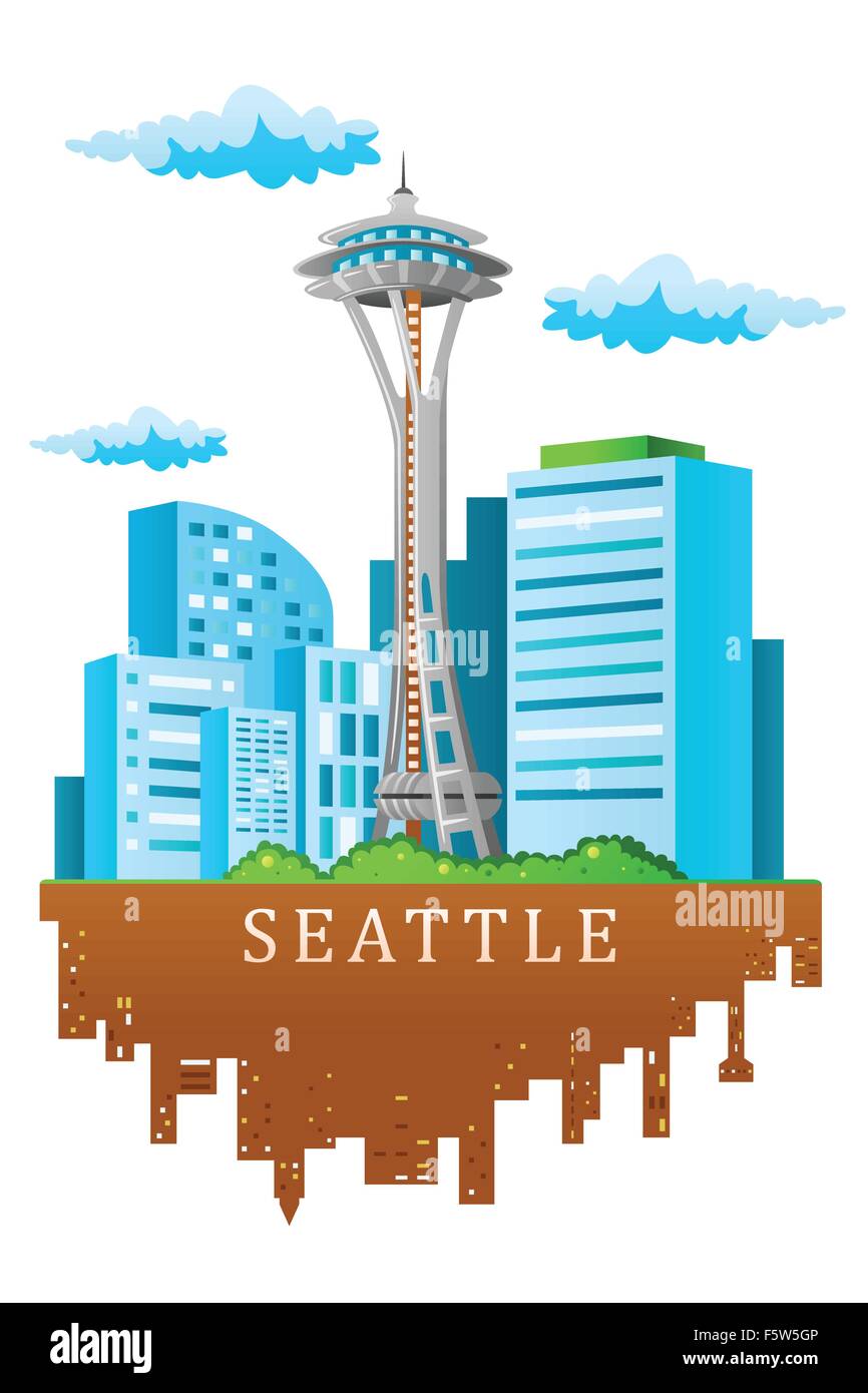 Una illustrazione vettoriale di Seattle skyline in stile cartoon Illustrazione Vettoriale