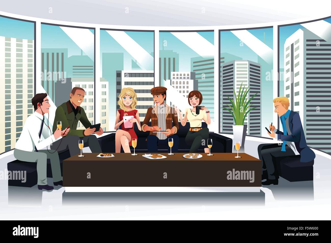 Una illustrazione vettoriale di persone in un lounge con gadget elettronici Illustrazione Vettoriale