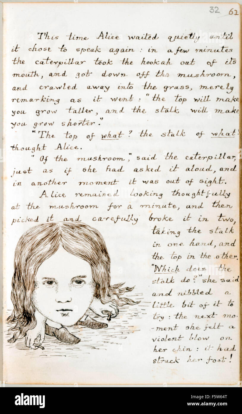 Alice nibbles la cicogna di Caterpillar a fungo e il suo mento colpisce il suo piede, dal manoscritto originale di "Alice sotto terra' di Charles Lutwidge Dodgson (1832-1898) dato ad Alice Liddell nel novembre 1864 e pubblicata sotto il titolo "Alice nel paese delle meraviglie" nel 1865 sotto la penna-nome Lewis Carroll. Vedere la descrizione per maggiori informazioni. Foto Stock Alice nibbles la cicogna di Caterpillar a fungo e il suo mento colpisce il suo piede, dal manoscritto originale di "Alice sotto terra' di Charles Lutwidge Dodgson (1832-1898) dato ad Alice Liddell nel novembre 1864 e pubblicata sotto il titolo "Alice nel paese delle meraviglie" nel 1865 sotto la penna-nome Lewis Carroll. Vedere la descrizione per maggiori informazioni. Foto Stock