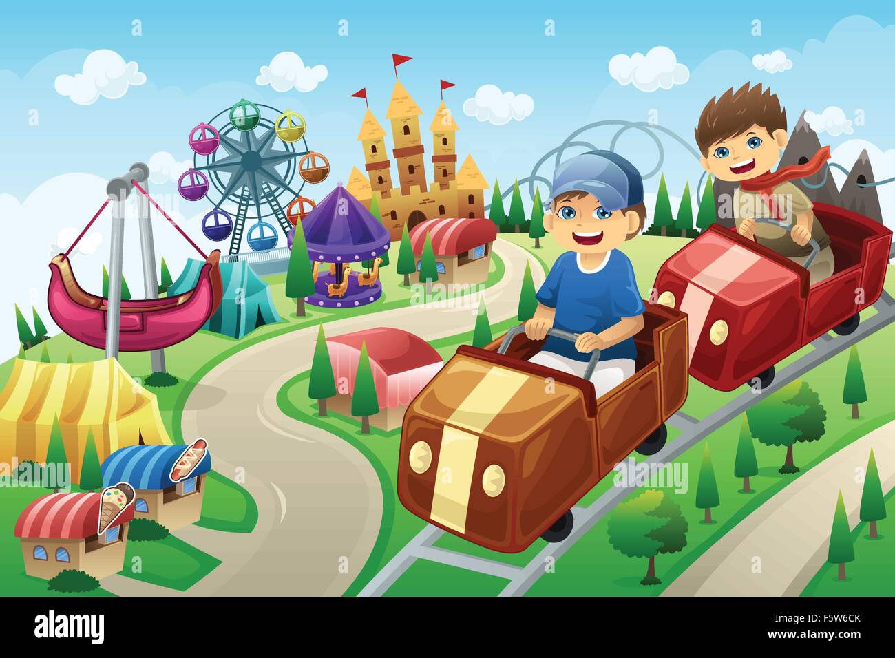 Una illustrazione vettoriale di bambini divertirsi in un parco di divertimenti Illustrazione Vettoriale