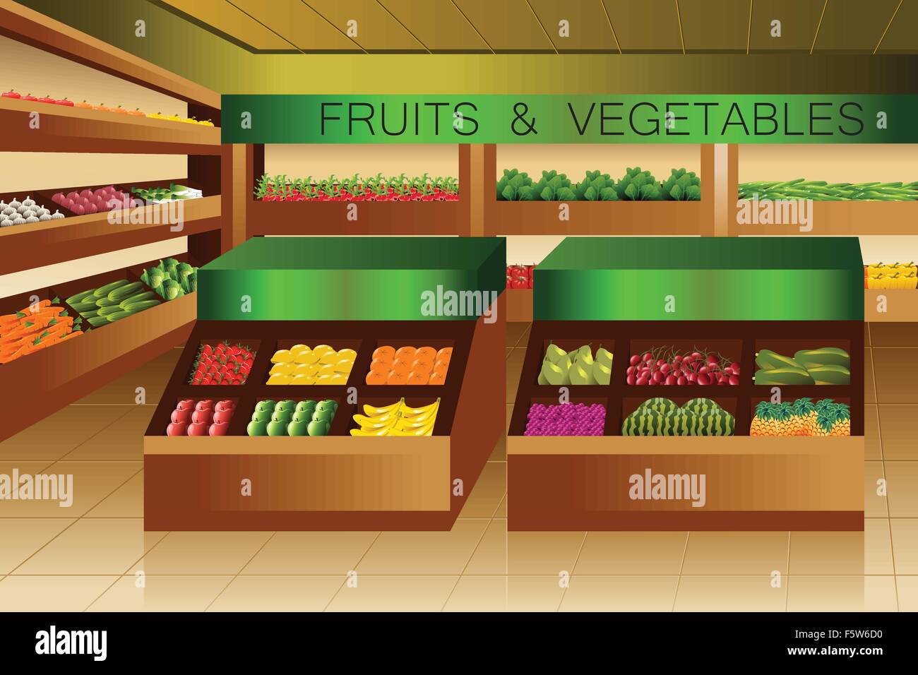 Una illustrazione vettoriale di frutta e verdura sezione nel negozio di alimentari Illustrazione Vettoriale