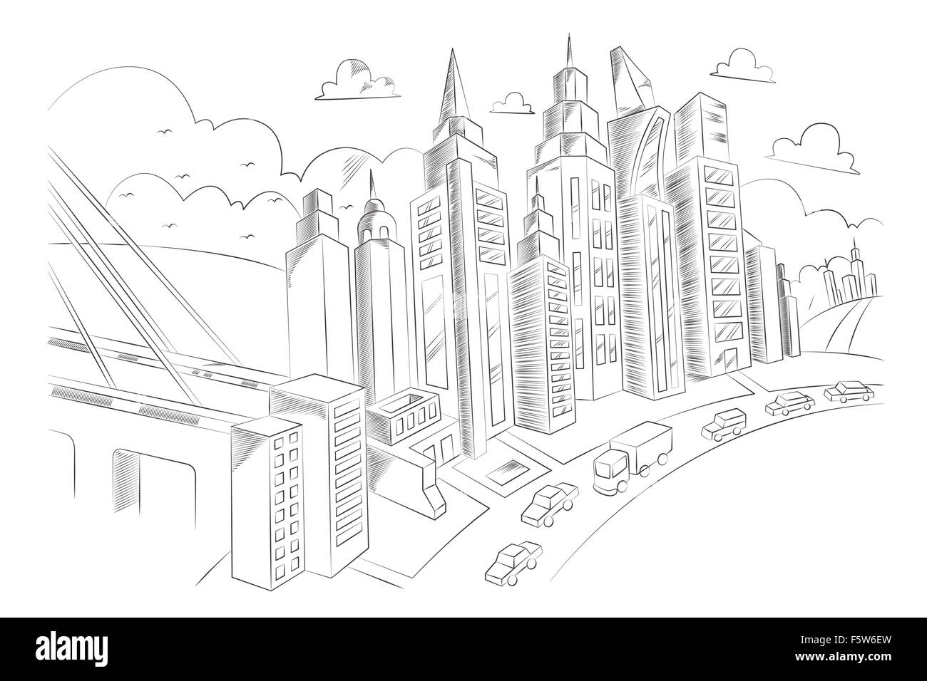 Un vettore illustrazione del disegno a mano della vita di città Illustrazione Vettoriale