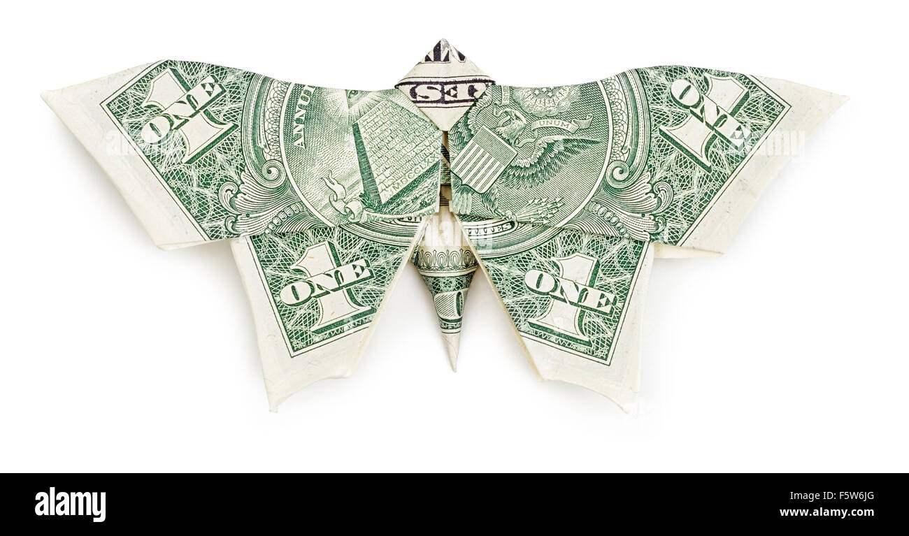 Dollar origami butterfly isolati su sfondo bianco. Moneygami. Foto Stock