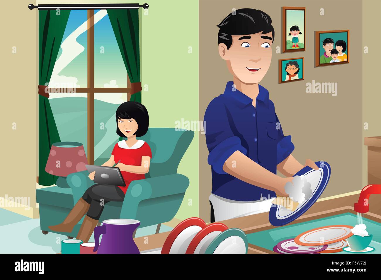 Una illustrazione vettoriale del marito lavaggio piatti mentre la moglie utilizza un tablet PC Illustrazione Vettoriale