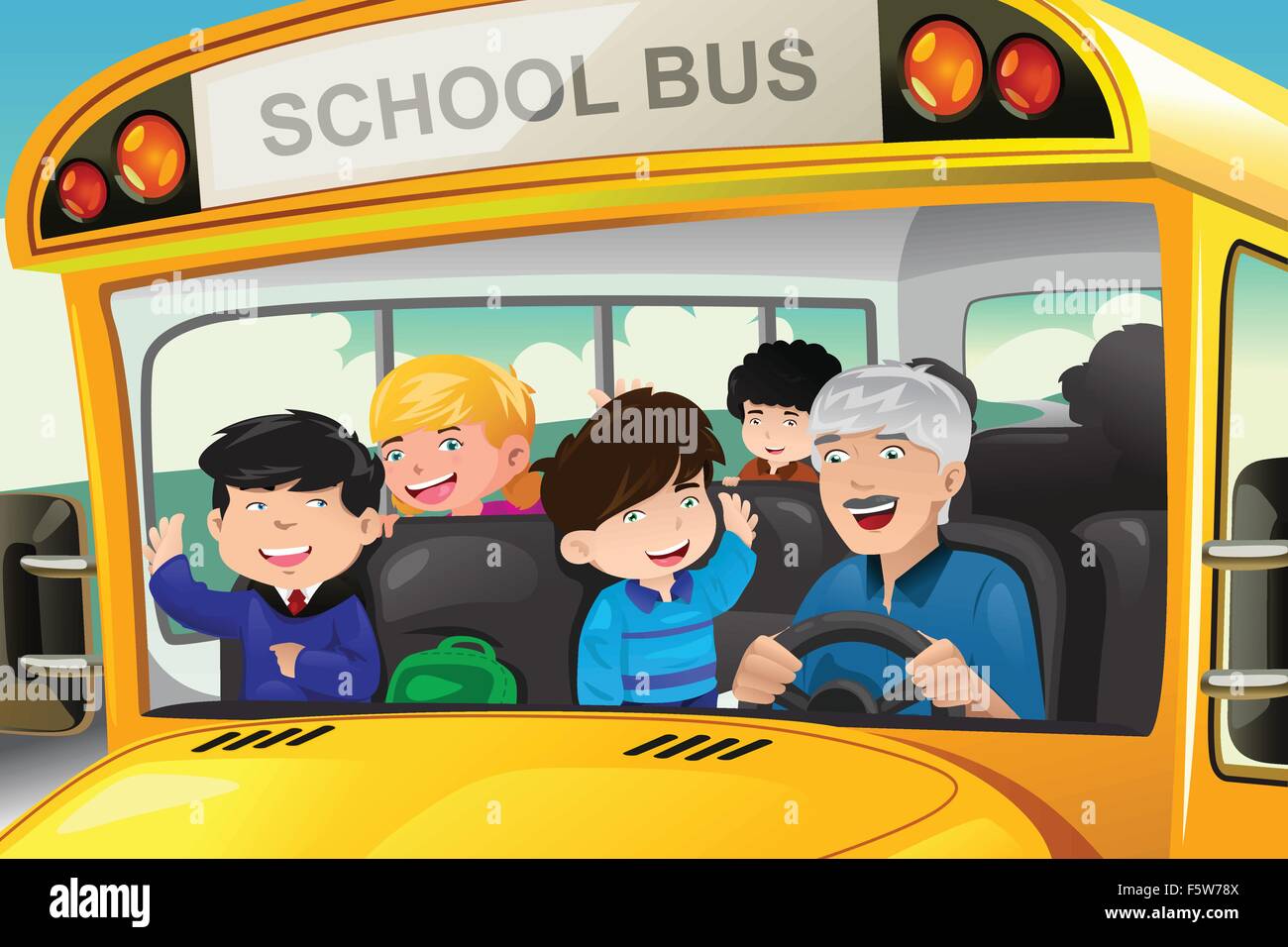 Una illustrazione vettoriale di felici i bambini divertirsi in un bus di scuola Illustrazione Vettoriale