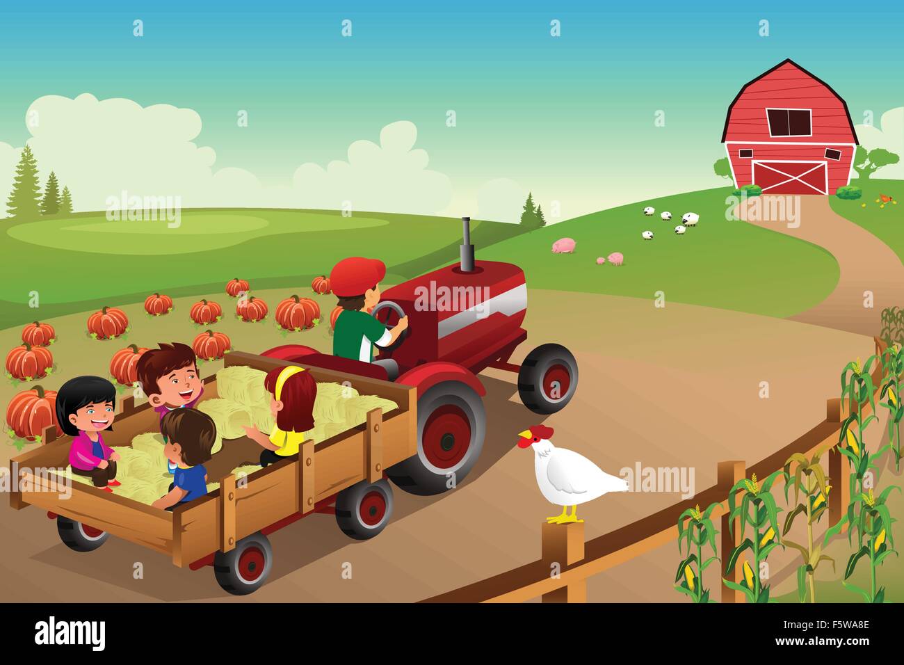 Una illustrazione vettoriale di bambini su un hayride in una fattoria durante la stagione autunnale Illustrazione Vettoriale