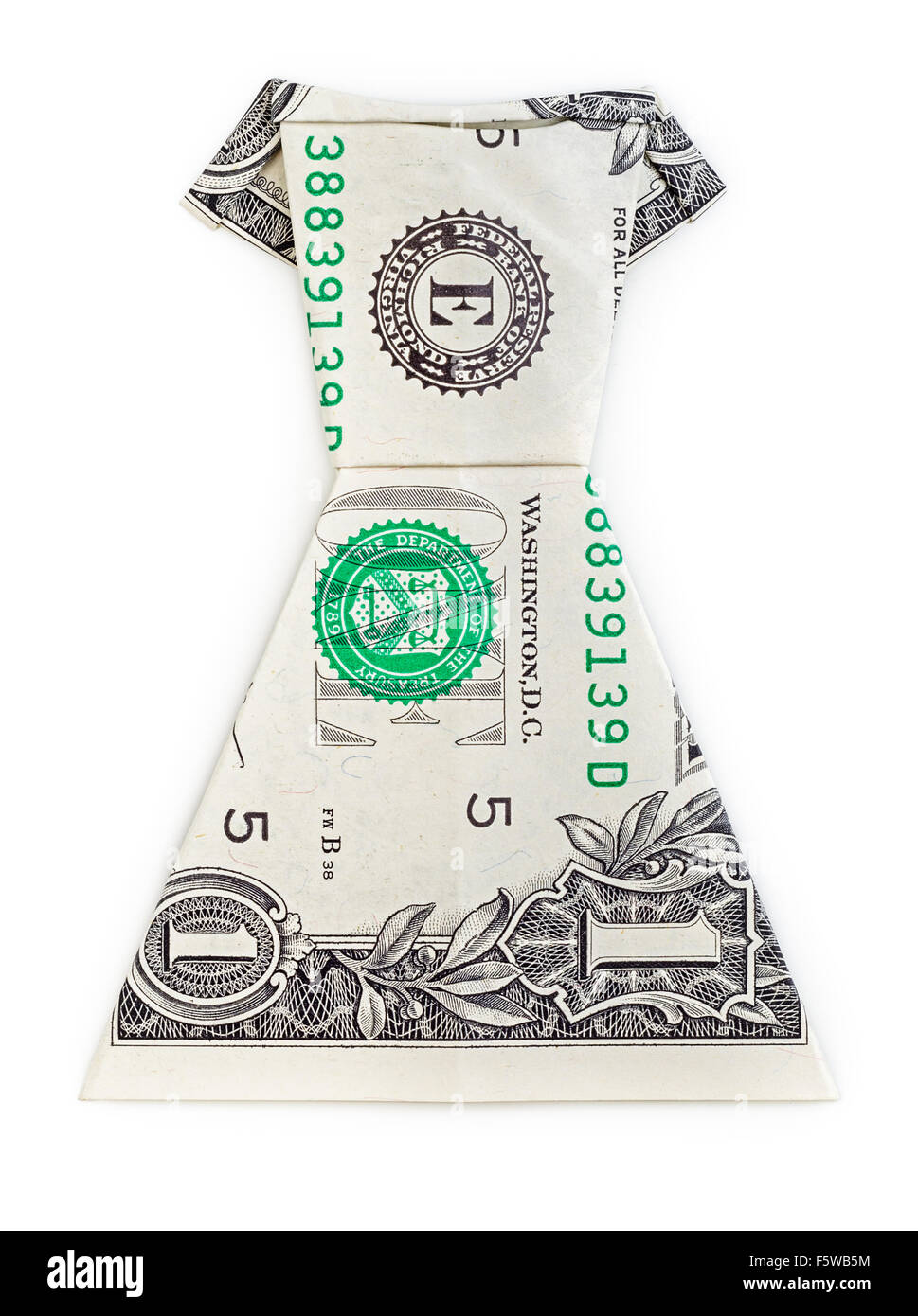 Dollar origami abito isolato su sfondo bianco. Moneygami. Foto Stock